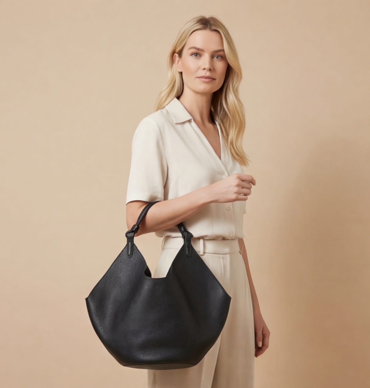 Woman holding a black handbag against a beige background