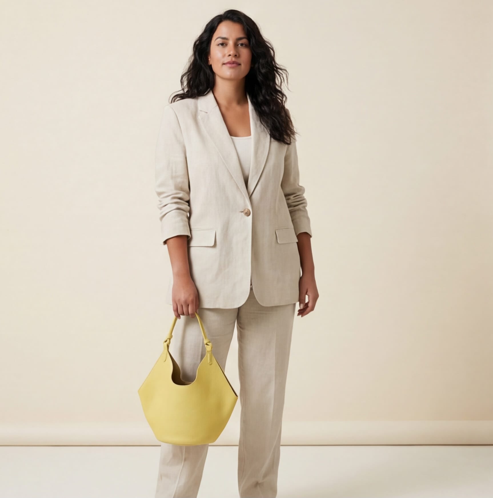 Woman in beige suit holding a yellow handbag against a plain background