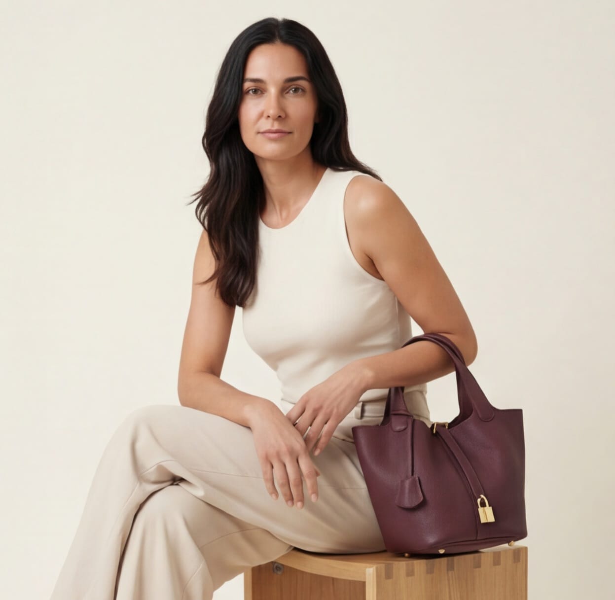Woman holding a purple handbag against a plain background
