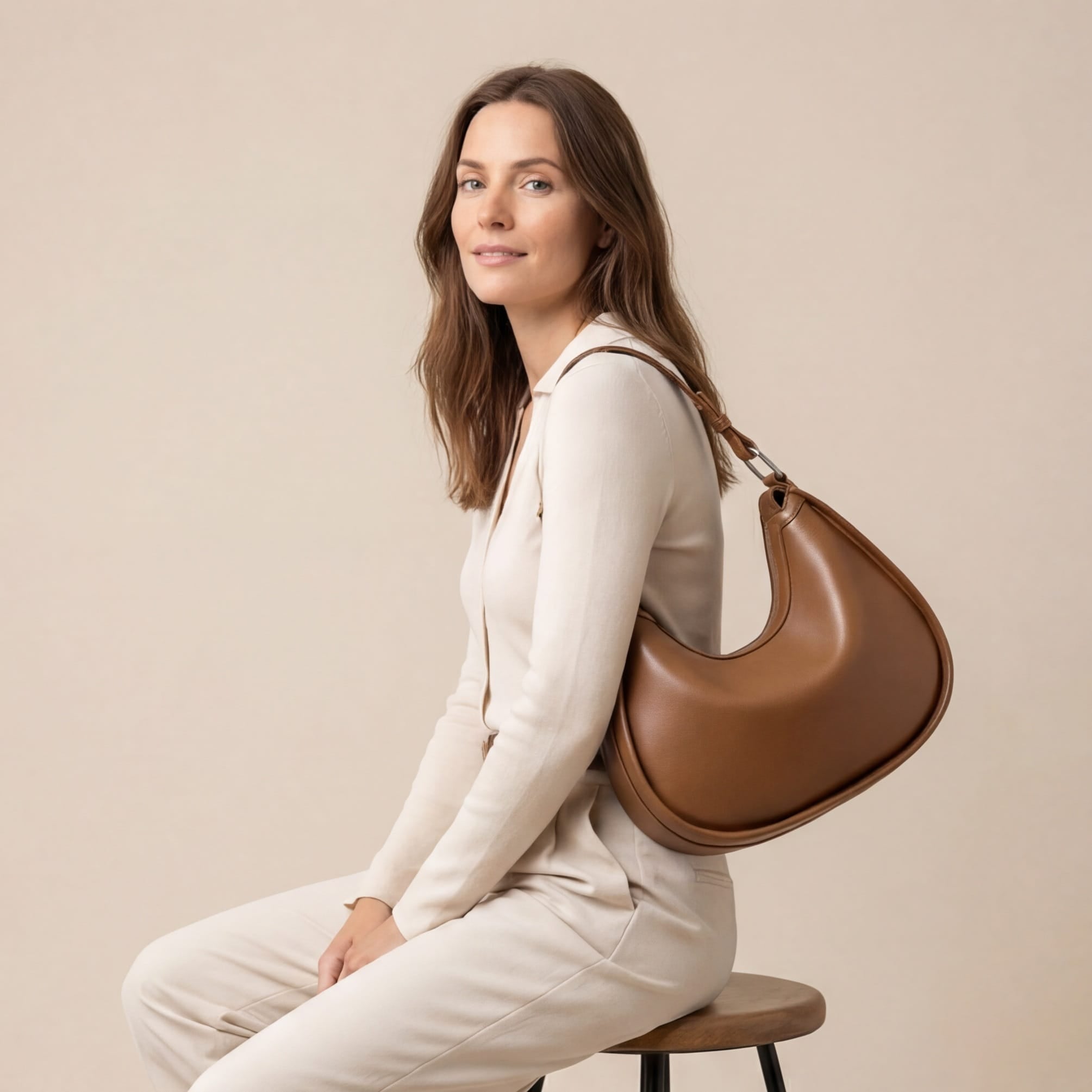 Woman sitting on a stool holding a brown leather handbag against a beige background