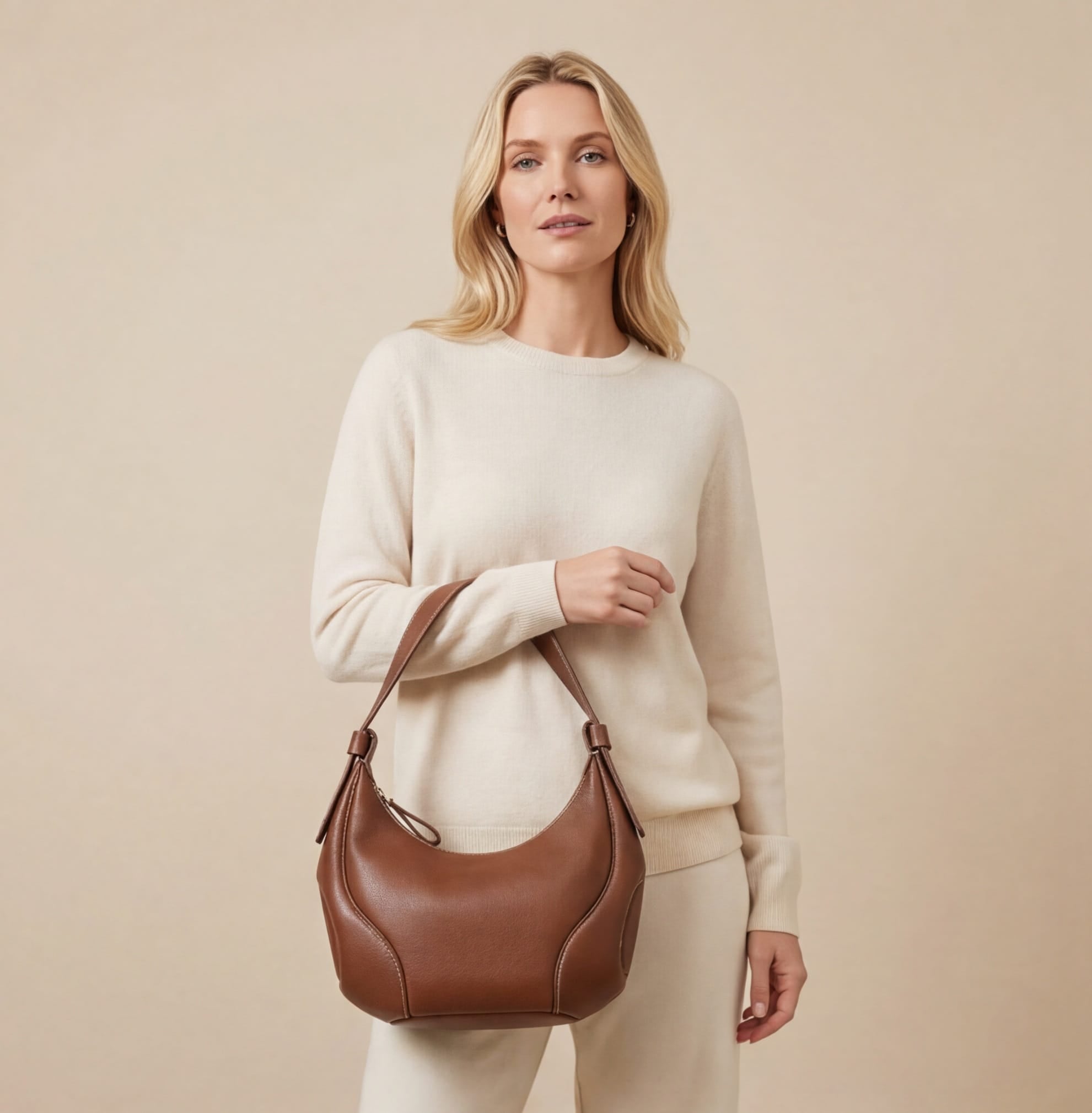 Woman holding a brown leather handbag against a beige background