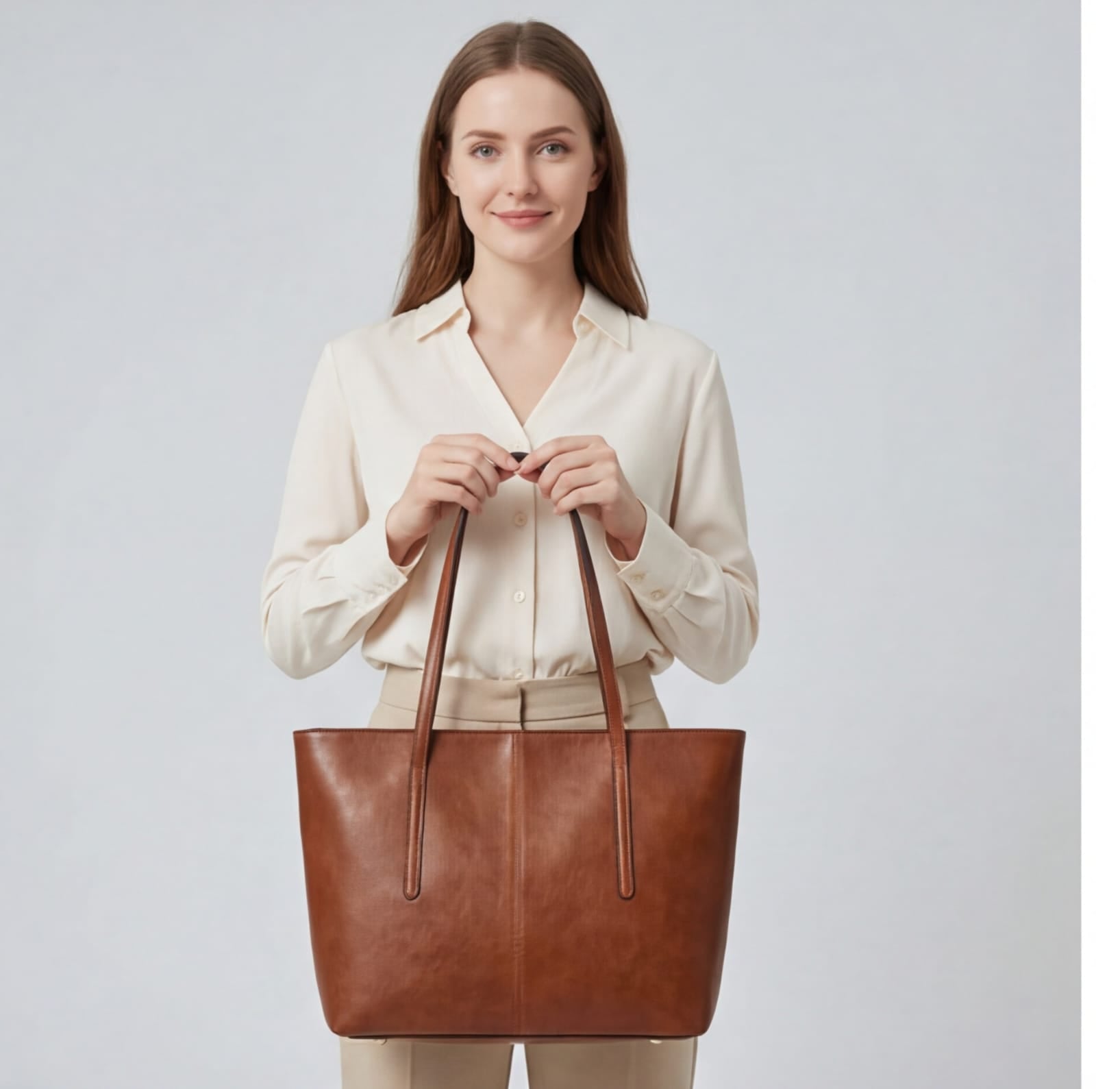 Woman holding a brown leather tote bag against a light gray background