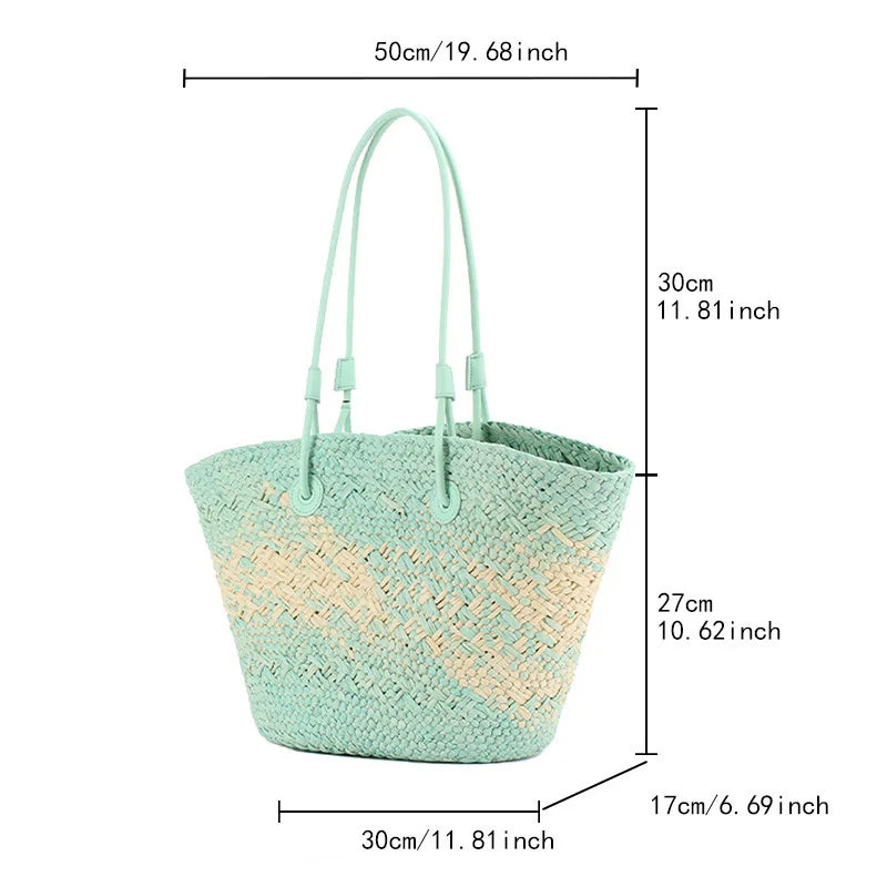 Woven handbag with measurements on a white background