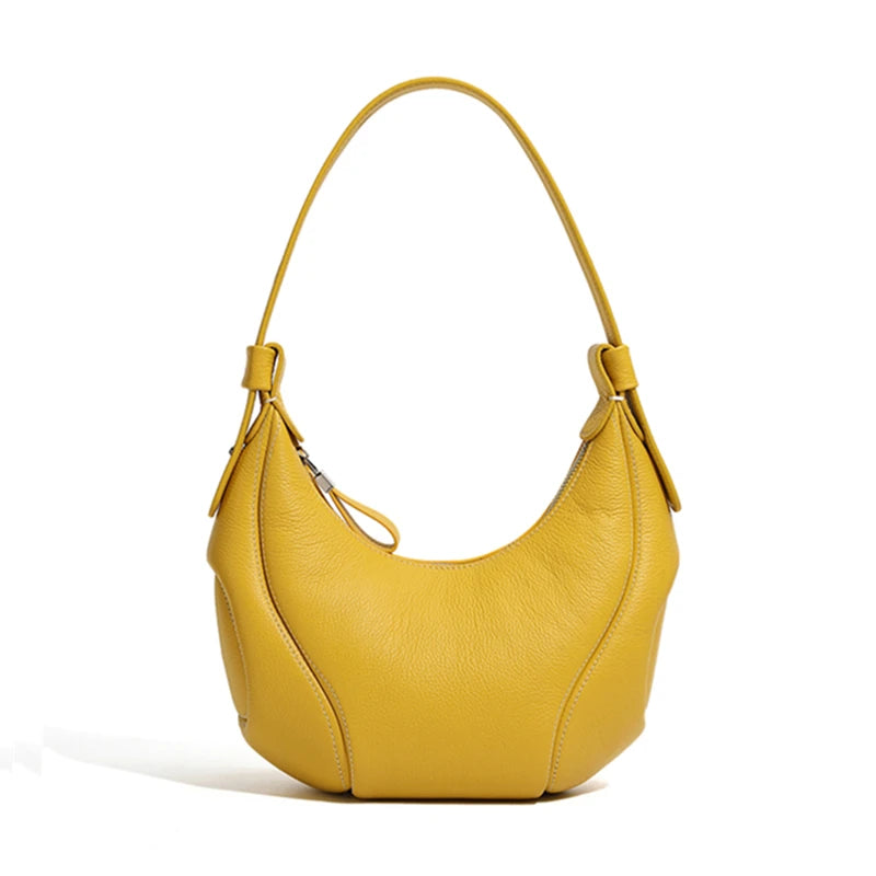 Genuine Leather Luxury Crescent Shoulder Bag for Women - Yellow