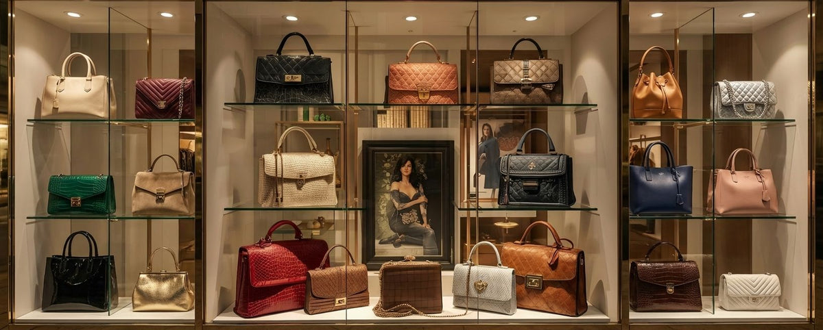 A luxury handbag display in a glass-front boutique case, showcasing an assortment of designer handbags in various colors and textures on multiple shelves.