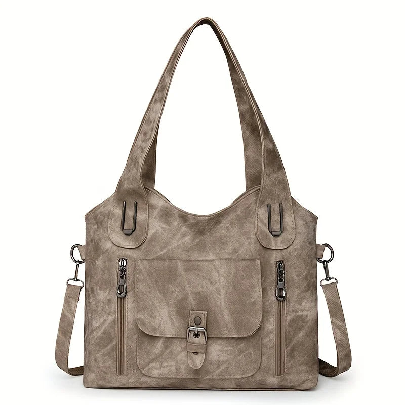 beige retro soft leather tote bag in white background