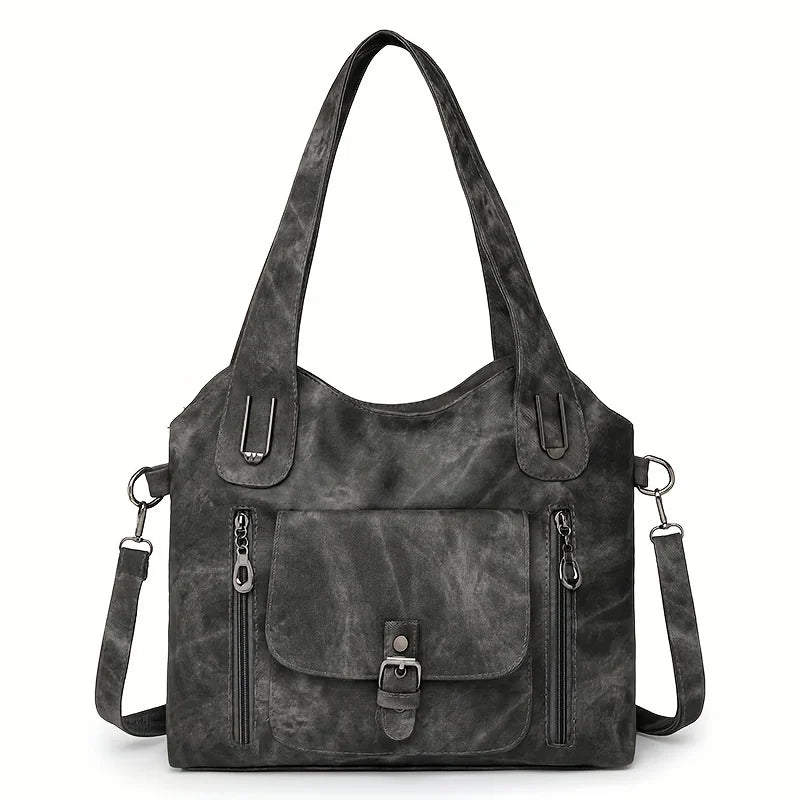black retro soft leather tote bag in white background