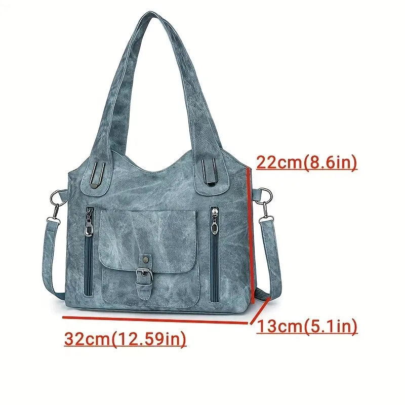 blue handbag with measurements 