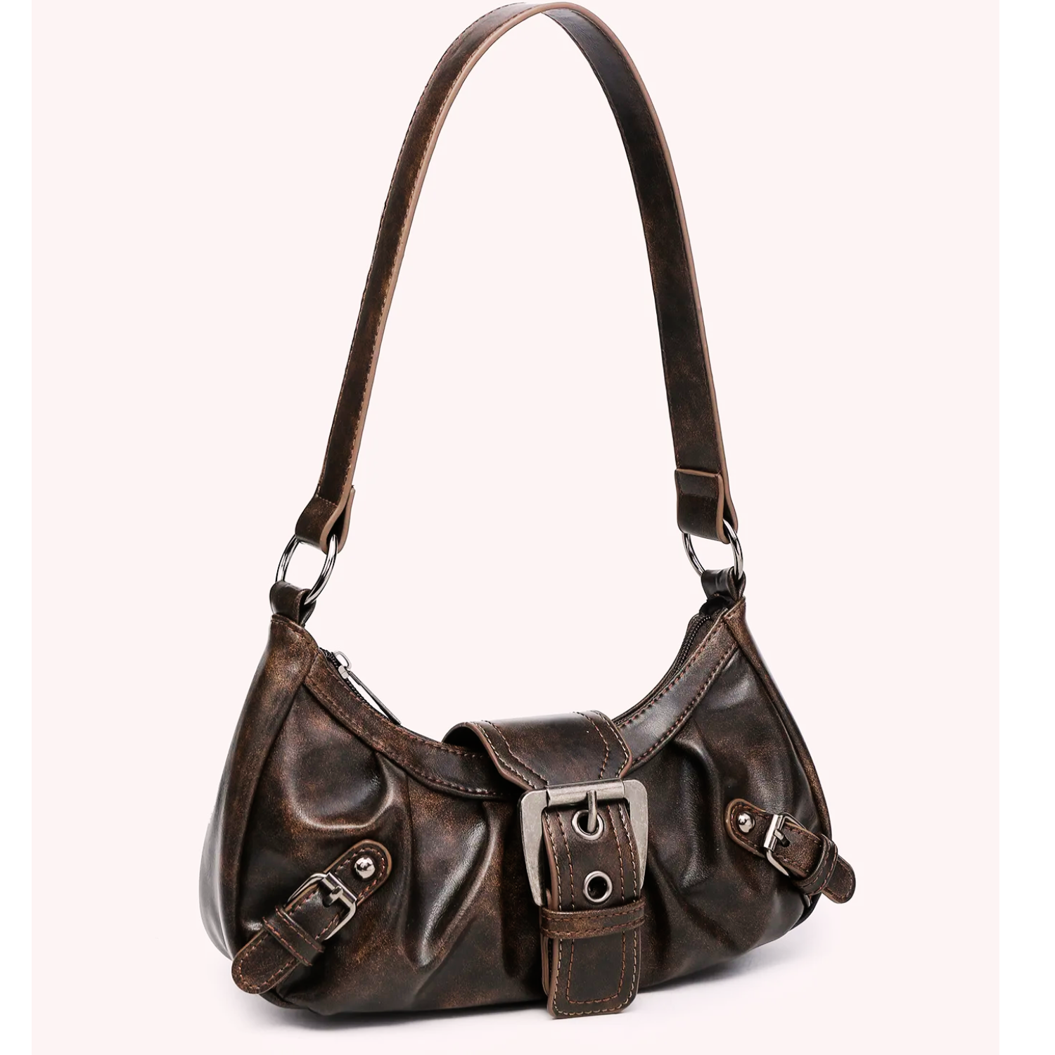 Brown Y2K-style PU leather shoulder bag with front buckle and adjustable strap.