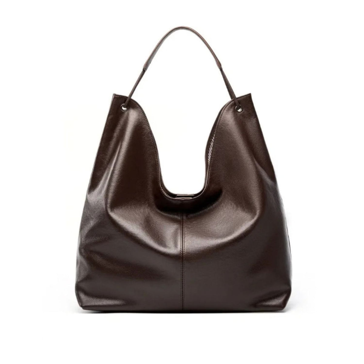 A dark brown slouchy leather hobo handbag with a single shoulder strap, photographed against a solid white background.
