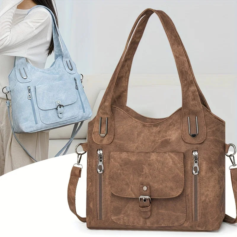 brown retro soft leather tote bag with front pockets and shoulder strap