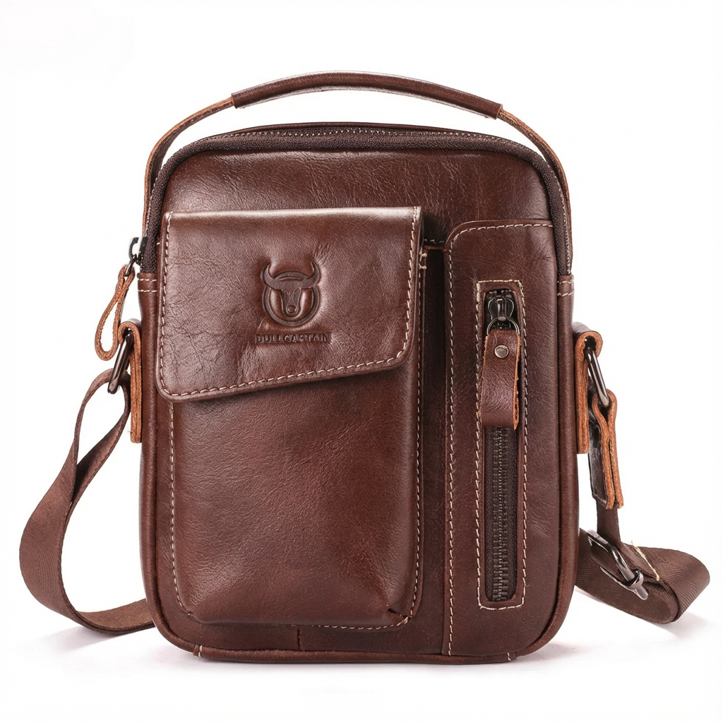 Brown leather crossbody bag with visible brand logo on a white background