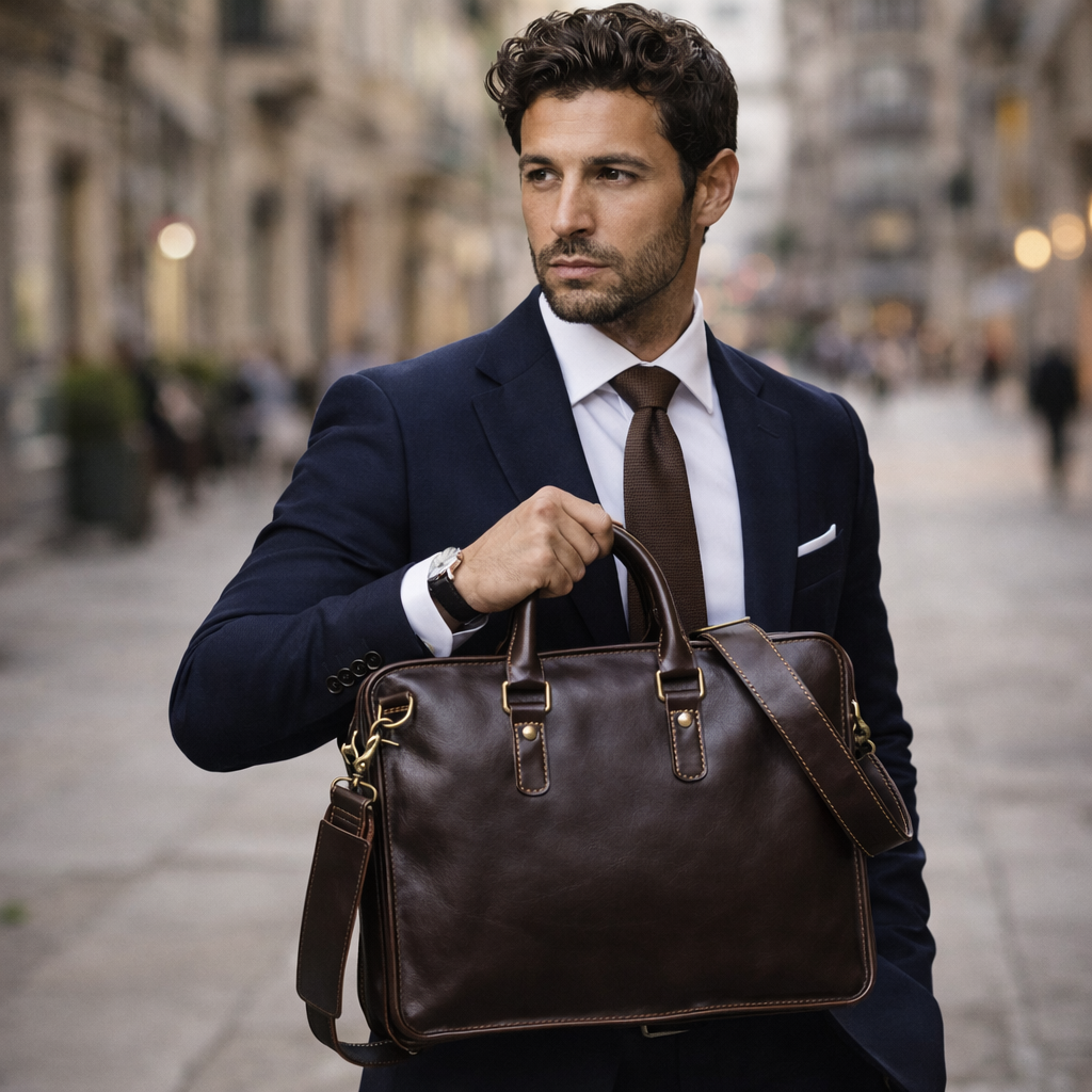 Man in a suit holding a brown leather briefcase on a city street.