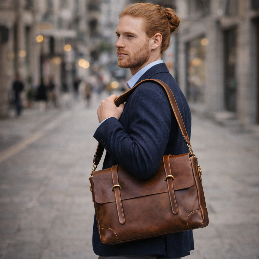 Man with a brown leather bag walking down a city street