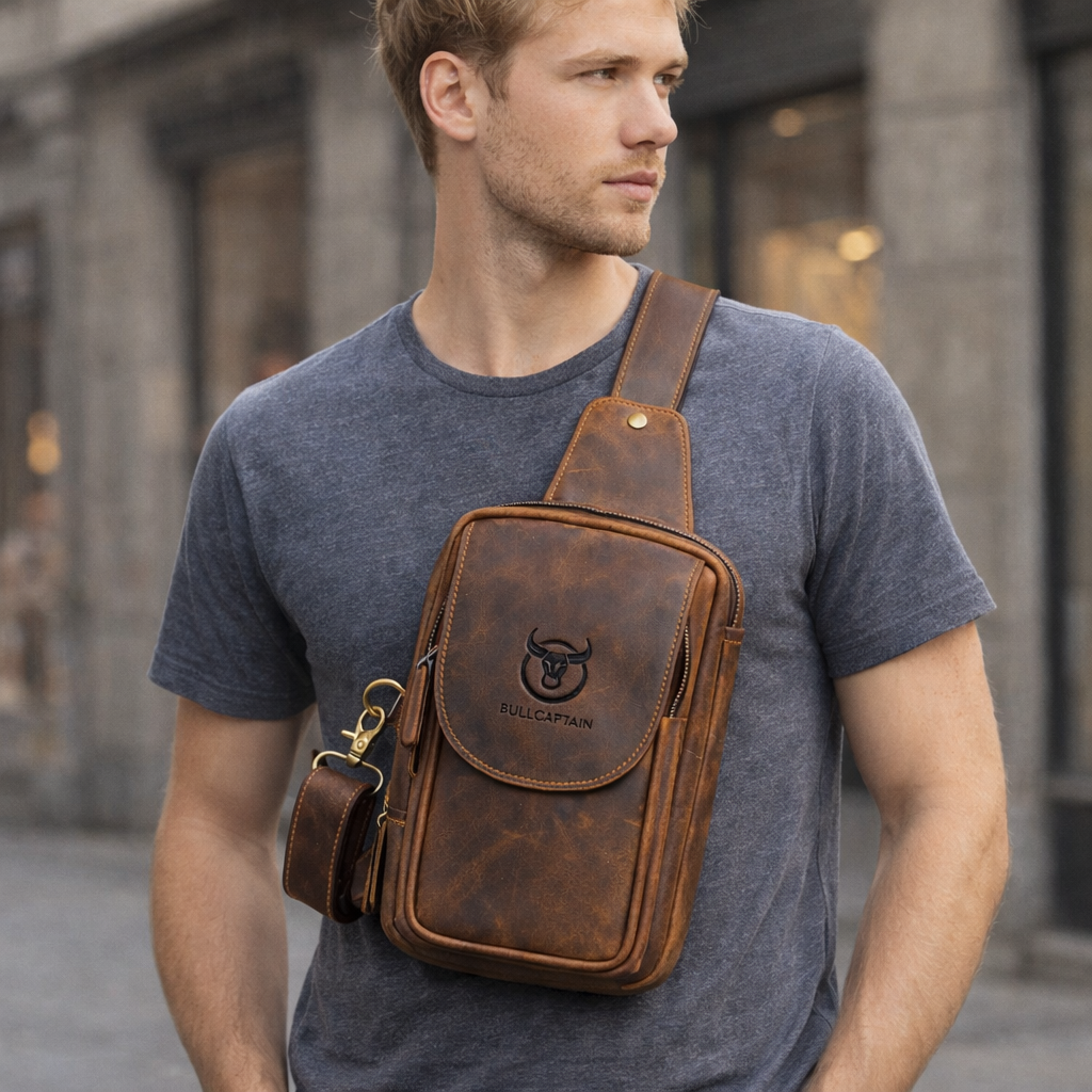 blond man on the street wearing a brwon leather crossbody bag