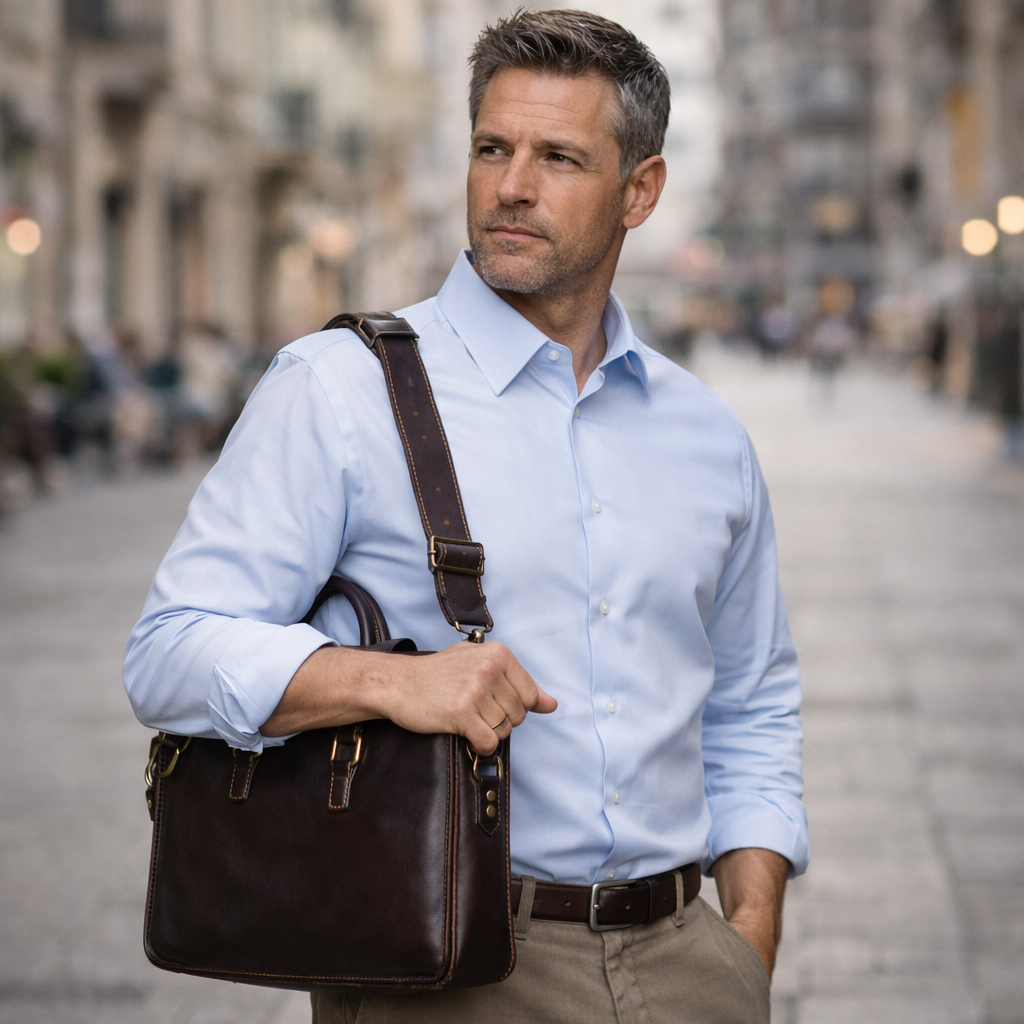 Man holding a brown leather bag on a city street