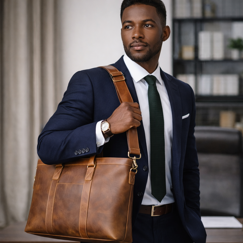 Man in a suit holding a brown leather bag in an indoor setting