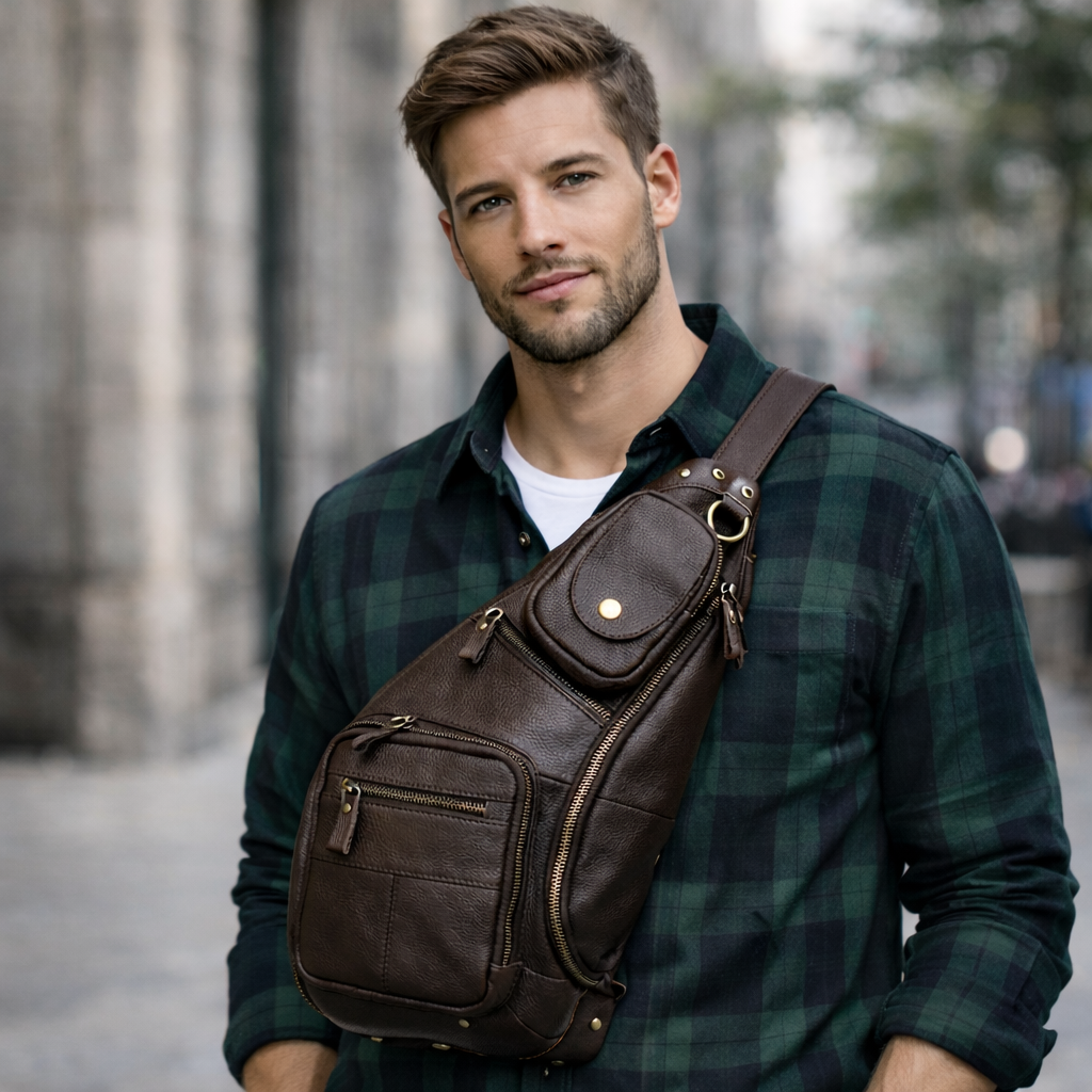 Man wearing a brown leather sling bag on a blurred street background