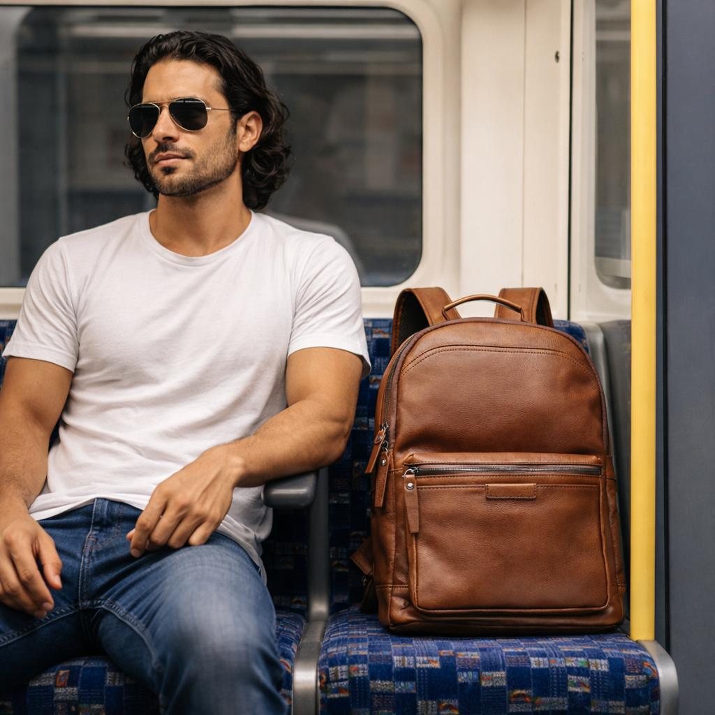 Man sitting on a train with a brown leather backpack next to him