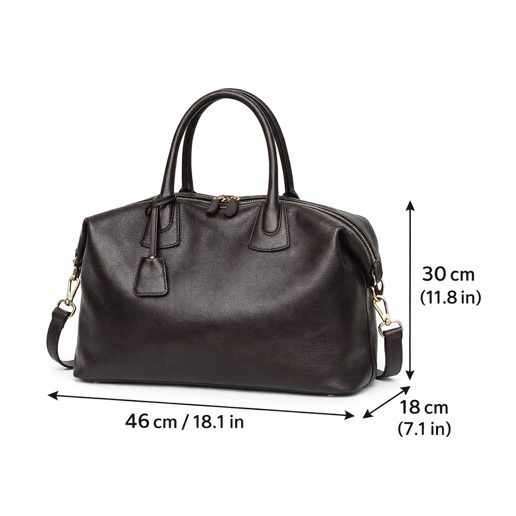Black handbag with measurements on a white background