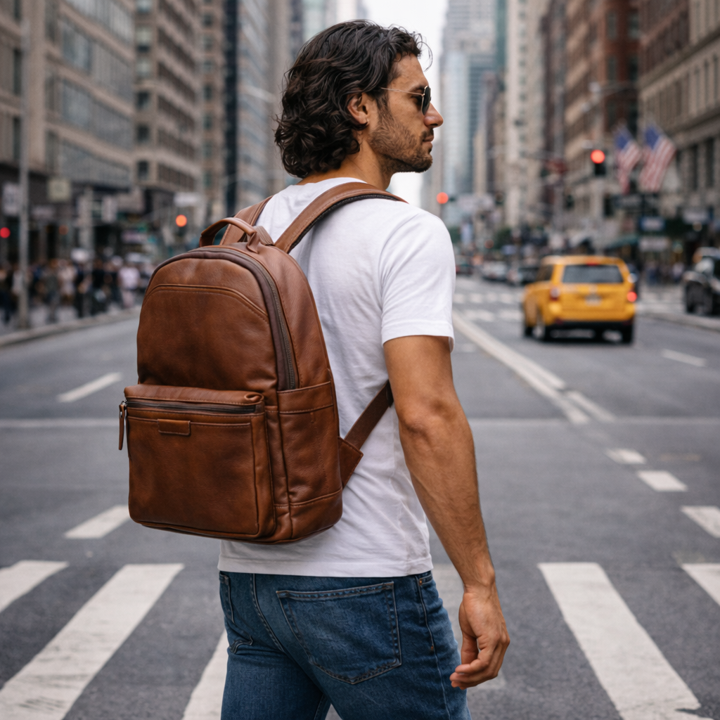 Man with a brown leather backpack walking on a city street