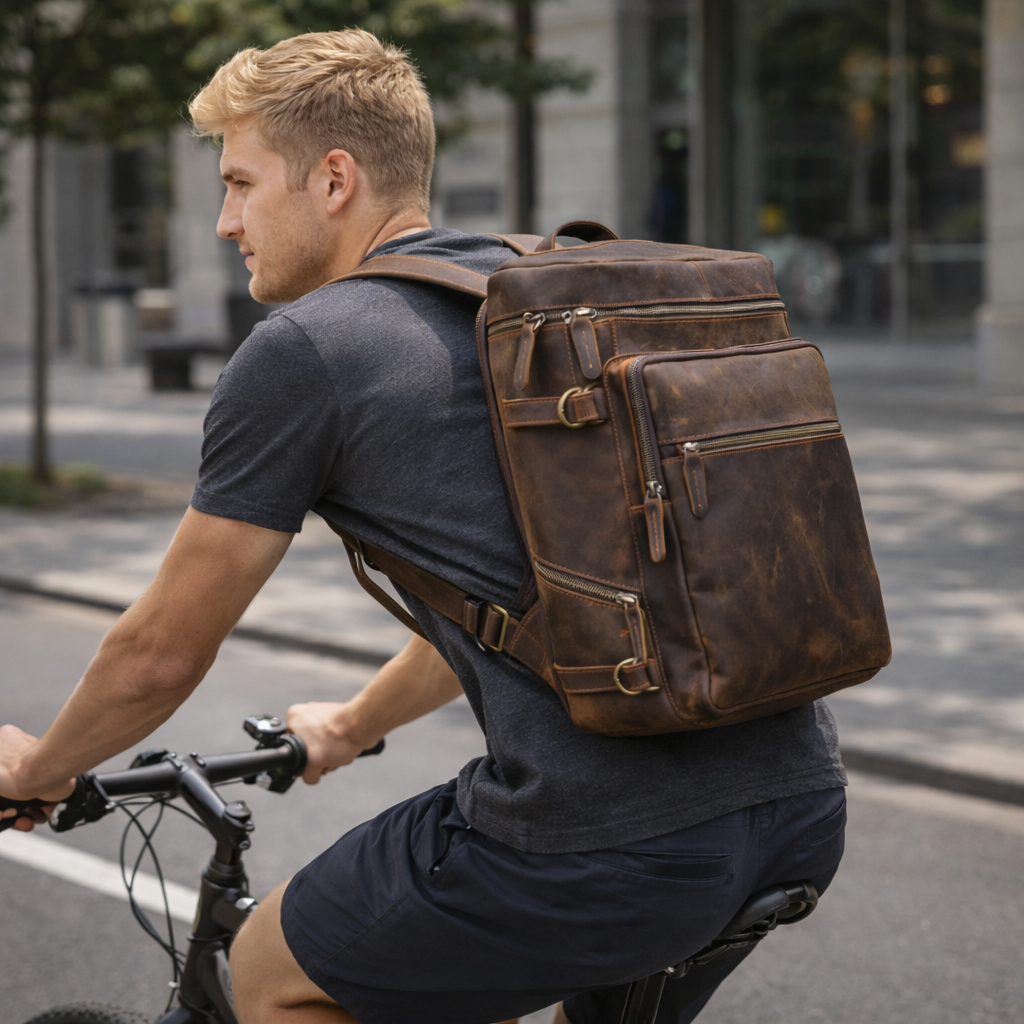Man riding a bicycle with a brown leather backpack on a city street.