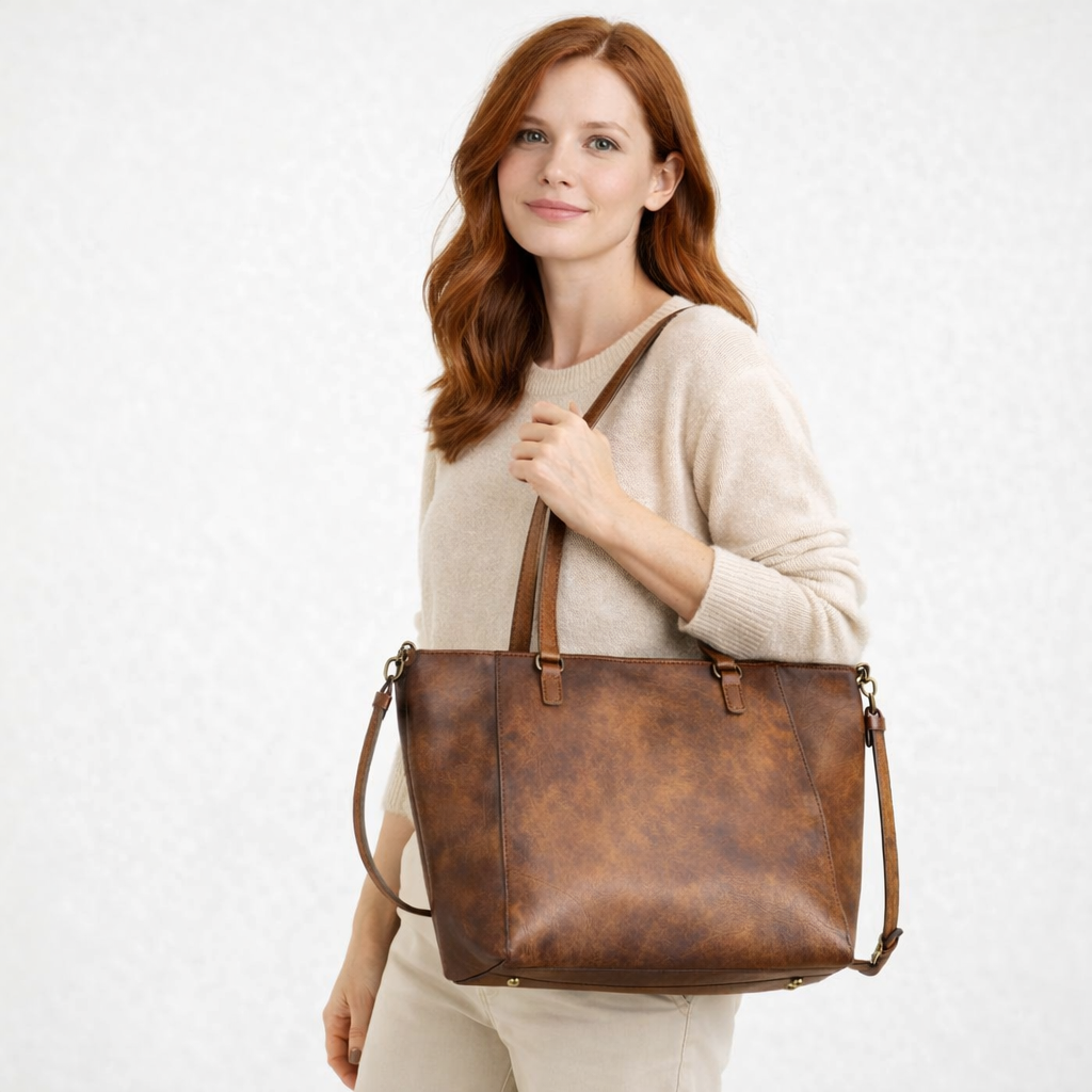 Woman holding a brown leather tote bag against a white background