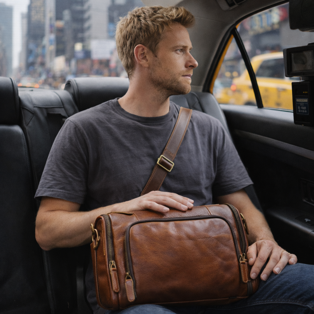 Man sitting in a taxi holding a brown leather bag with a cityscape in the background