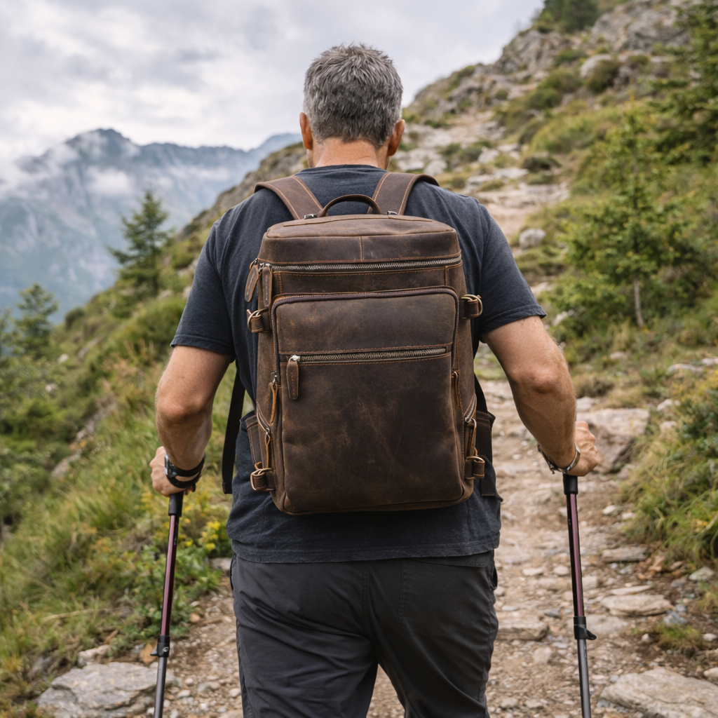Man hiking on a mountain trail with a brown leather backpack