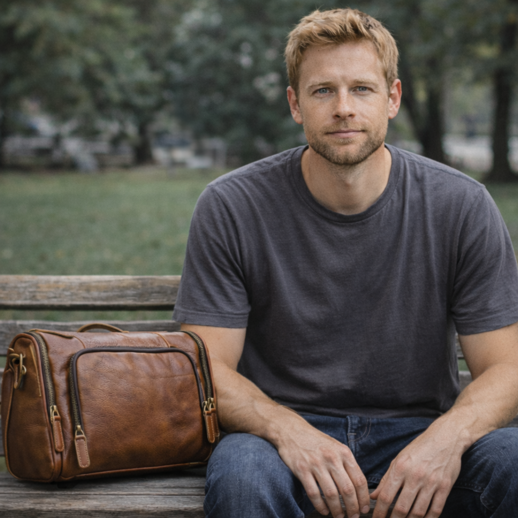 Man sitting on a bench with a brown leather bag next to him in an outdoor setting