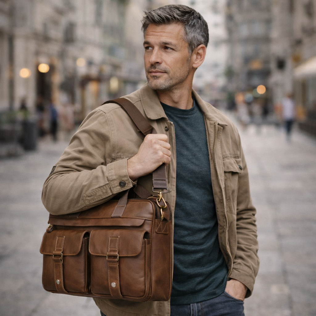 Man holding a brown leather bag on a city street