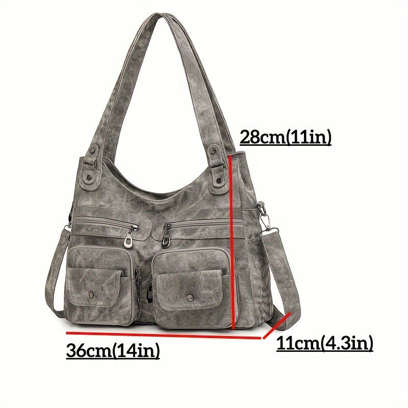 1pc Vintage Style Women's Shoulder Bag with Dual Main Compartments, Faux Leather, Removable Strap, Zip Closure, Polyester Lining, Solid Pattern, for Various Occasions - Available in Black, Beige, Khaki, Grey, Blue