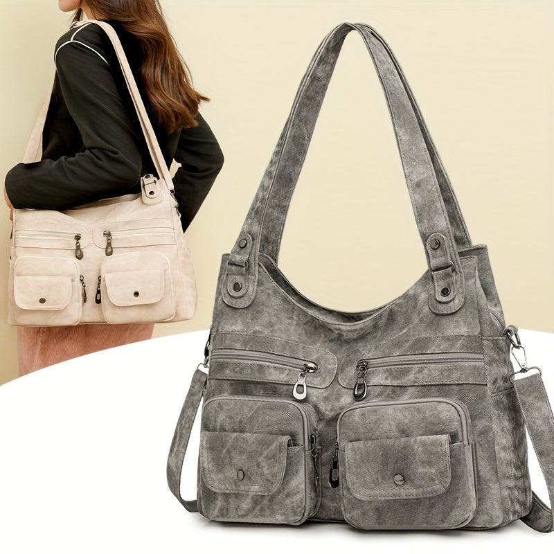 1pc Vintage Style Women's Shoulder Bag with Dual Main Compartments, Faux Leather, Removable Strap, Zip Closure, Polyester Lining, Solid Pattern, for Various Occasions - Available in Black, Beige, Khaki, Grey, Blue