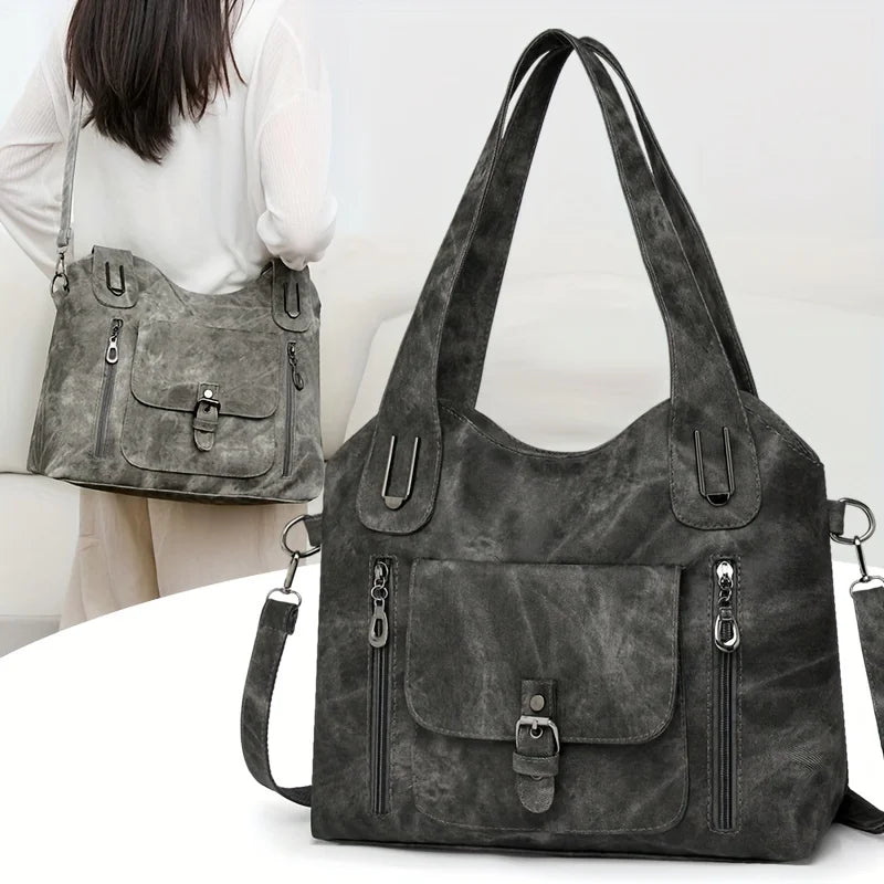 gray retro soft leather tote bag with front pockets and shoulder strap