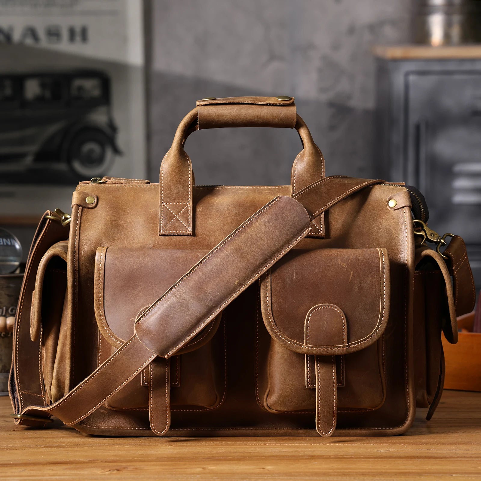 light brown briefcase 14 inch on a dark background