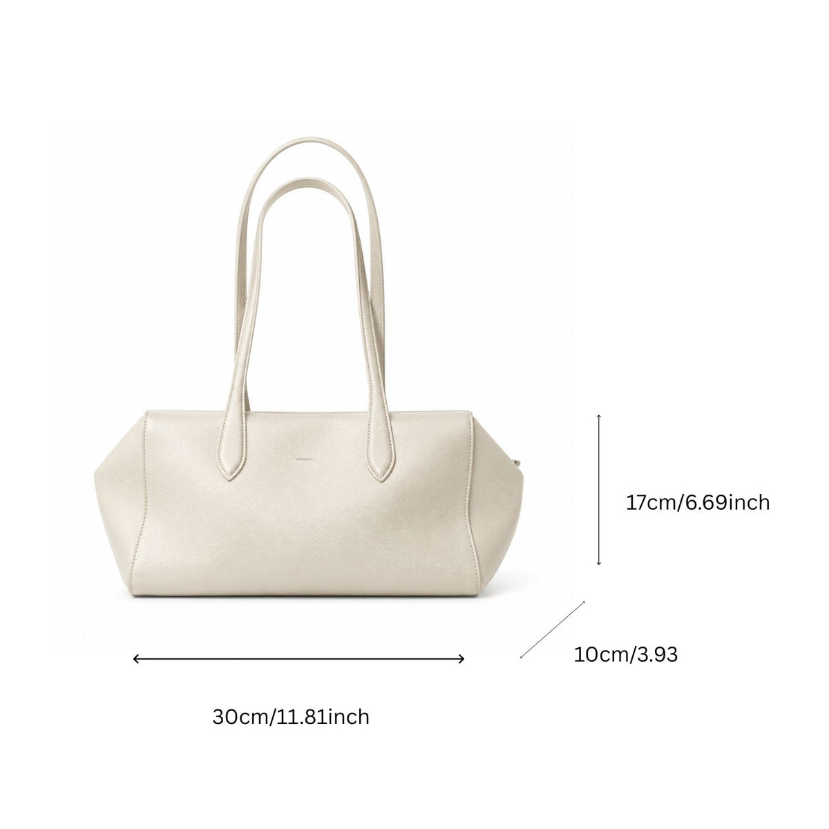 An off-white leather handbag with dual top handles, shown with dimension lines and text indicating its measurements: 30cm width, 17cm height, and 10cm depth, on a solid white background.