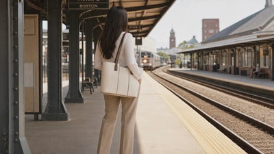 A lifestyle video featuring women and men carrying leather handbags, tote bags, and backpacks while traveling, exploring the city, and enjoying coastal and mountain scenery.