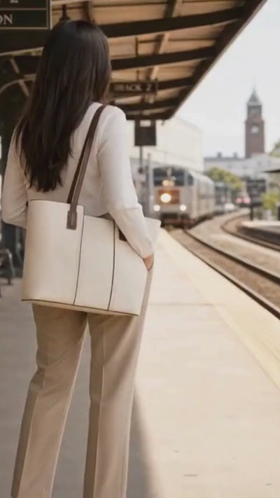 A lifestyle video featuring women and men carrying leather handbags, tote bags, and backpacks while traveling, exploring the city, and enjoying coastal and mountain scenery.