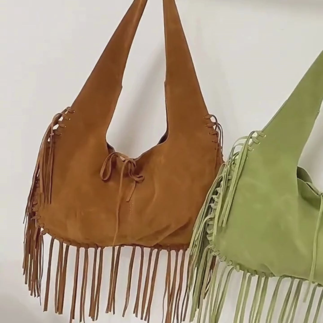 Green and brown suede handbag with fringe video