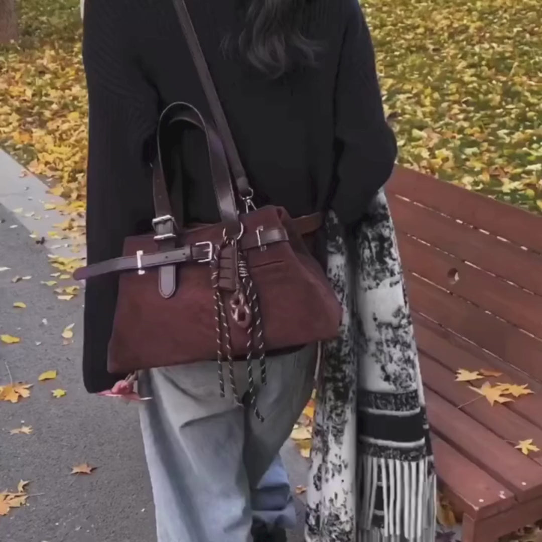 video of Belt Buckle Suede Shoulder Bag