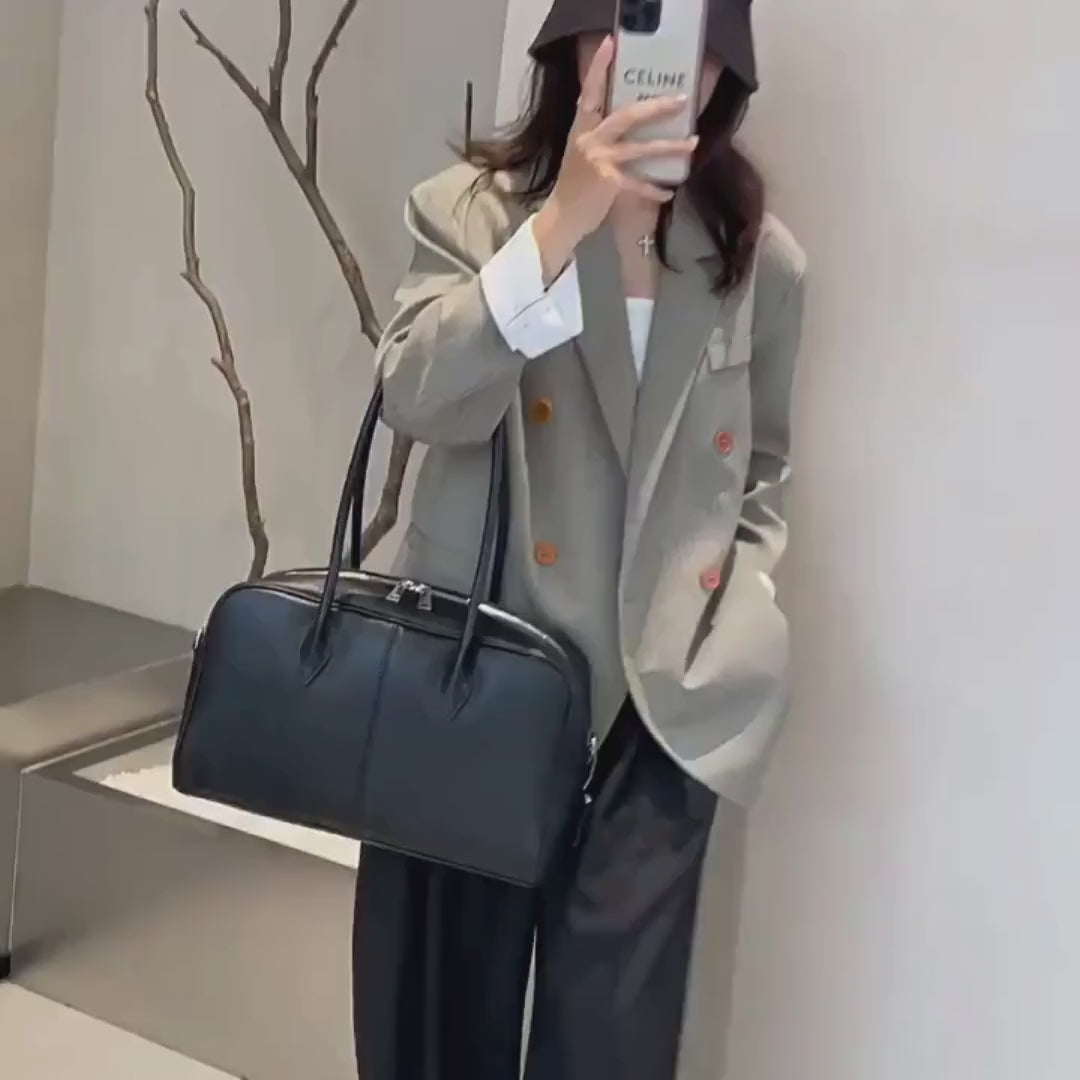 simone black leather tote video
