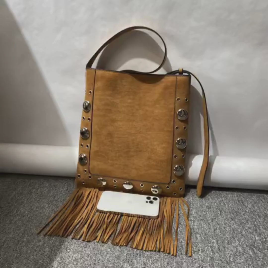 Brown suede handbag with fringe video
