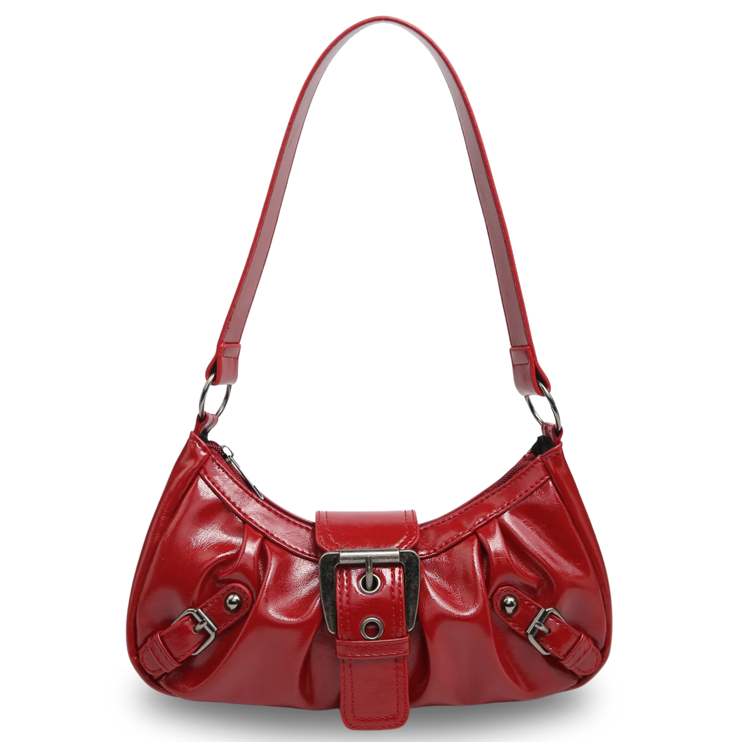 Glossy red Y2K-style PU leather shoulder bag with front buckle and adjustable strap.