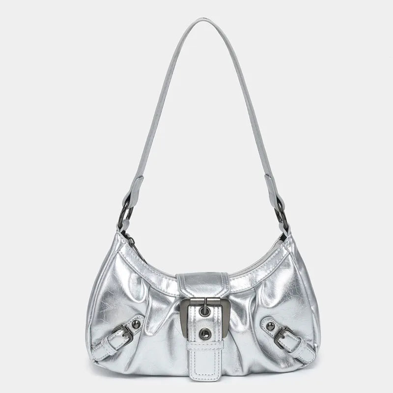 silver Y2K-style PU leather shoulder bag with front buckle and adjustable strap.