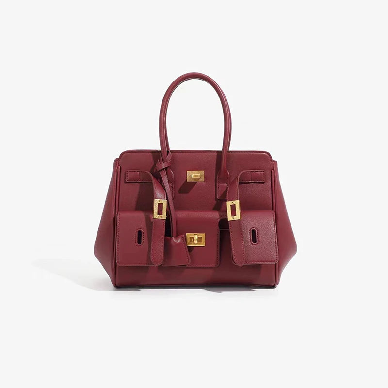 Small luxury genuine leather tote bag in burgundy – elegant women's handbag with gold lock, perfect for daily use and special occasions.