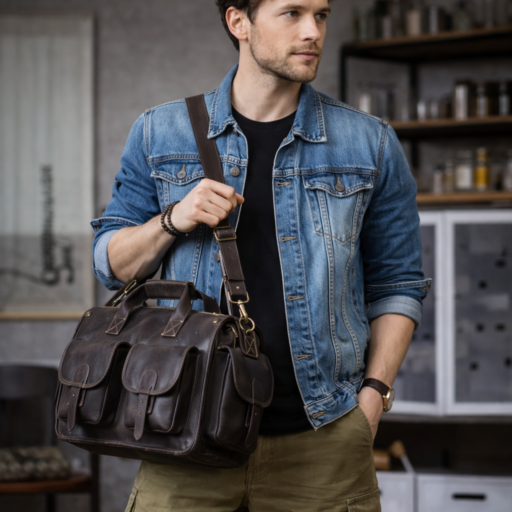 white man holding brown leather briefcase 