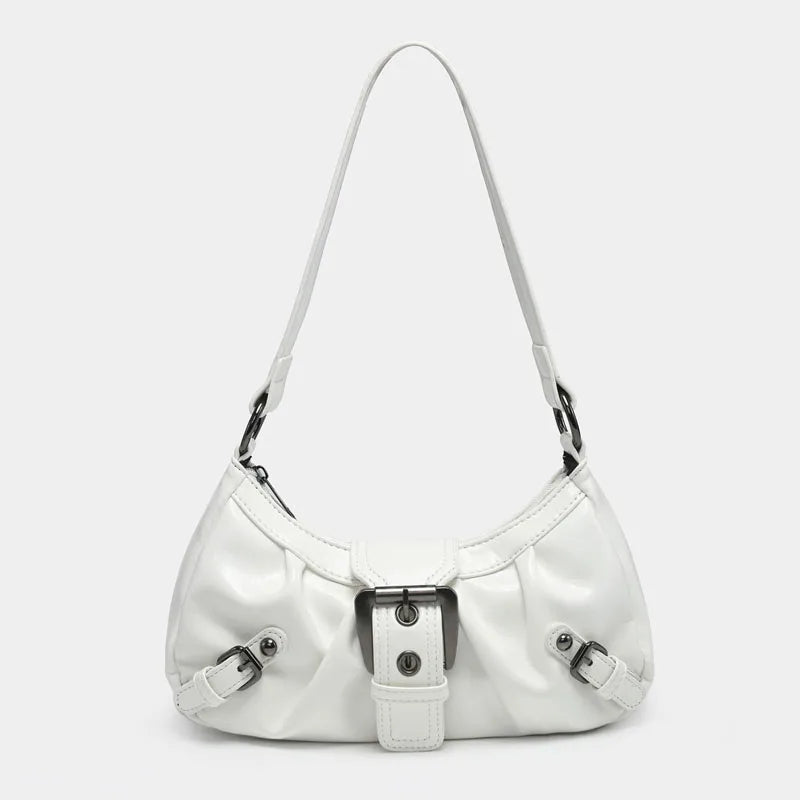 white Y2K-style PU leather shoulder bag with front buckle and adjustable strap. 