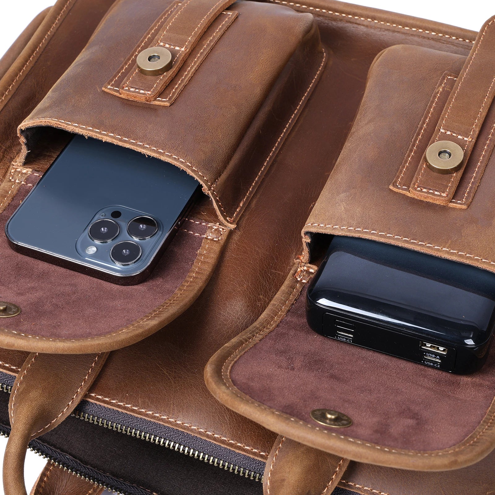 zoom out of the brown leather bag